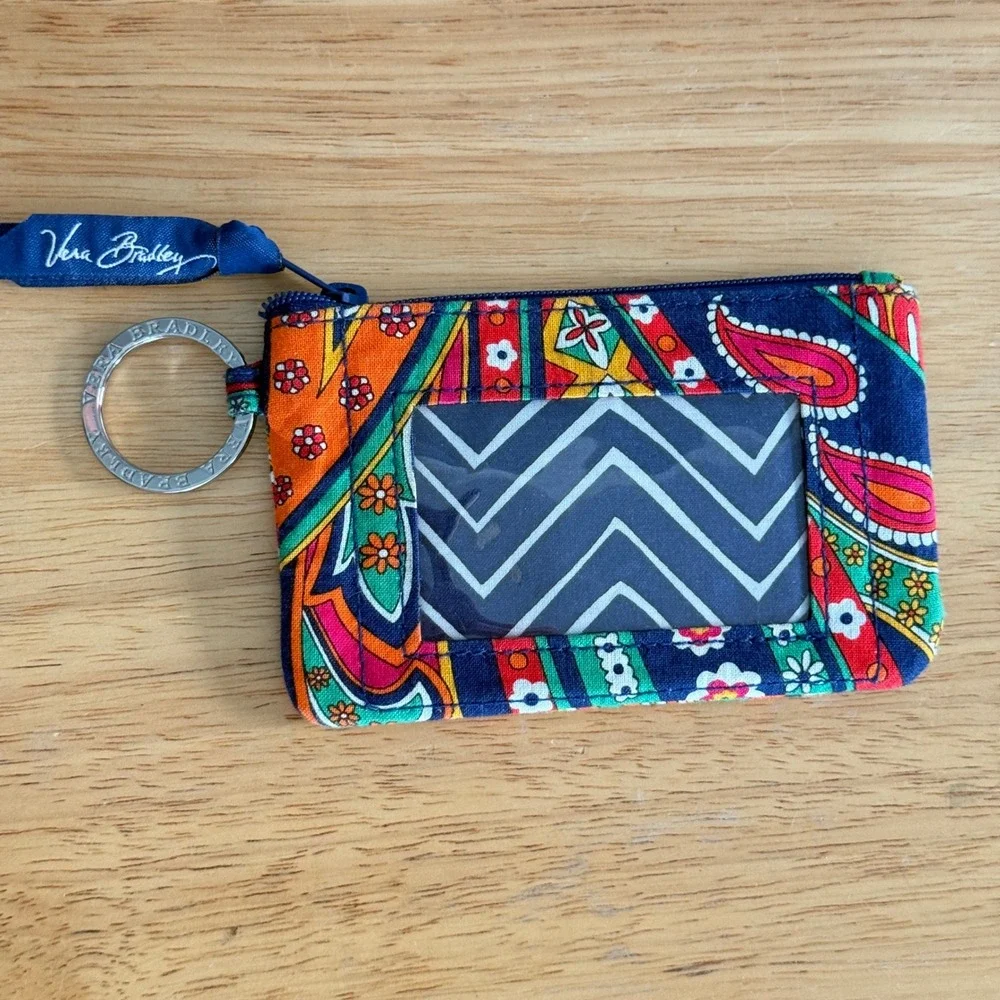 Vera Bradley Zip ID Case Venetian Paisley Keychain Wallet Card Holder Colorful‎